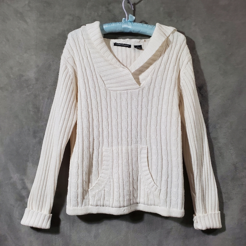 Tomfoolery Pullover Hooded V-Neck Sweater Cream White M